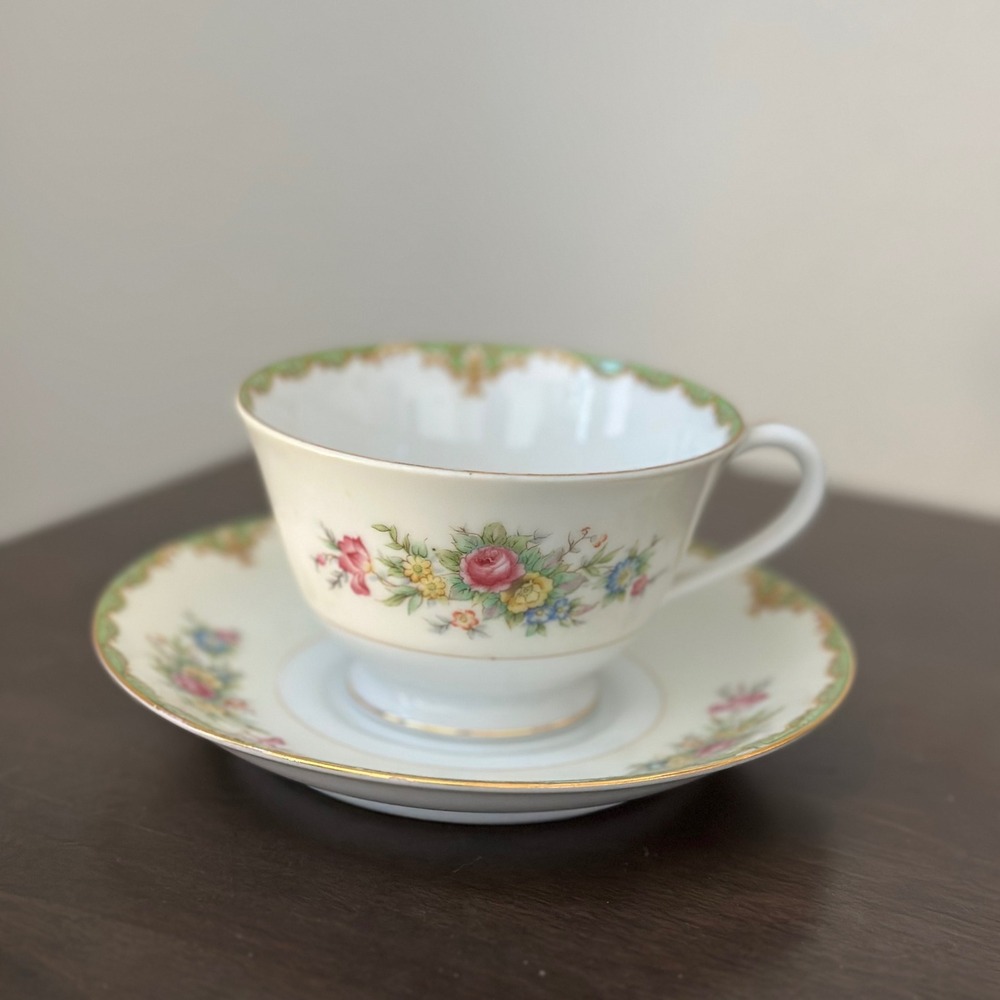 Sango China Cup Saucer Floral Green Gold Rim Vintage Victorian Pattern‎